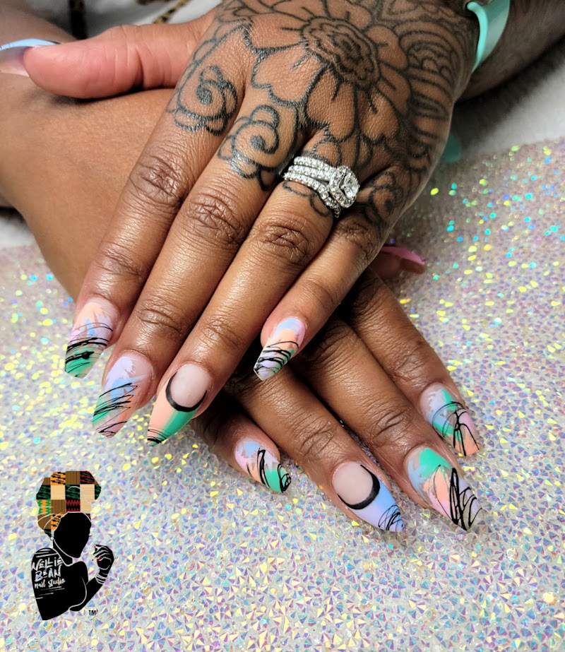 Bold colorful nail art on holographic backdrop by Nellie Bean Nail Studio