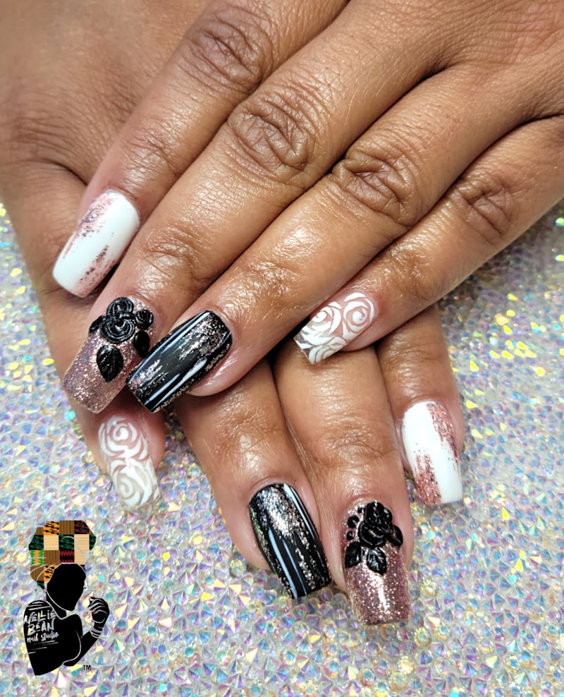 Geometric nail art pattern with bold shapes